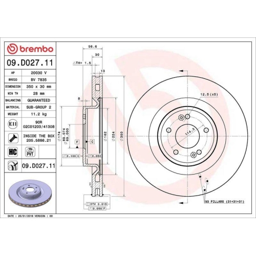 Set disc frana Genesis G70 (Ik) 09.17-; Kia Stinger (Ck) 06.17-, Stinger Hatchback Van (Ck) 06.17-, Fata, 350X30mm, ventilat, BREMBO