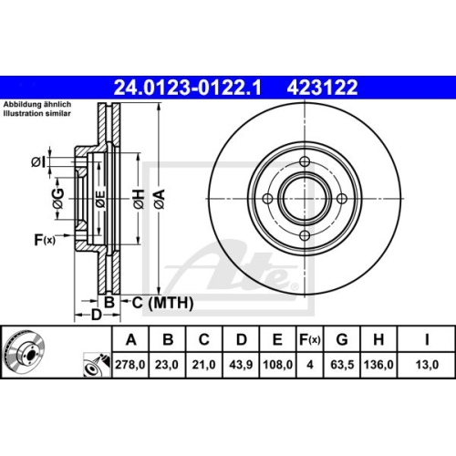 Disc frana Ford B-Max, 10.2012-, Fiesta 6, 06.2008-2017, Transit Courier, 02.2014-, Jumper, 02.1994-04.2002, ATE