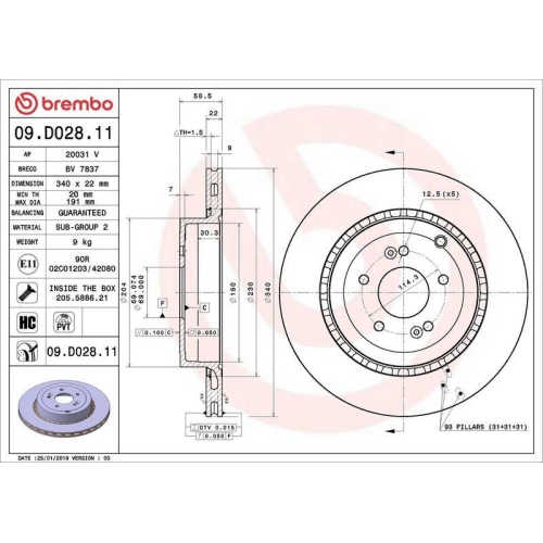Set disc frana Genesis G70 (Ik) 09.17-; Kia Stinger (Ck) 06.17-, Stinger Hatchback Van (Ck) 06.17-, Spate, 340X22mm, ventilat, BREMBO