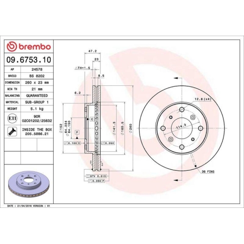 Set disc frana Honda Accord 6 (Ck Cg Ch Cf) 03.97-12.03, Accord 6 Hatch Clback (Ch Cl) 12.99-12.02, Prelude 4 (Bb) 12.91-02.97, Prelude 5 (Bb) 10.96-12.01, Fata, 260X23mm, ventilat, BREMBO