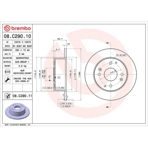 Set disc frana Honda Accord 6 (Ck Cg Ch Cf) 03.97-12.03, Accord 6 Hatch Clback (Ch Cl) 12.99-12.02, Spate, 260X10mm, plin, BREMBO