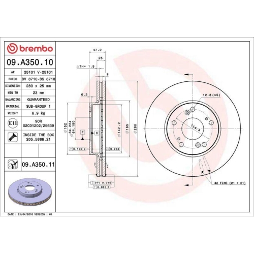 Set disc frana Honda Accord 6 (Ck Cg Ch Cf) 03.97-12.03, Accord 7 (Cl Cn) 01.03-09.12, Accord 7 Tourer (Estate) (Cm Cn) 04.03-05.08, Fata, 280X25mm, ventilat, BREMBO
