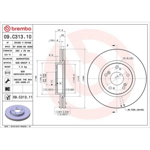 Set disc frana Honda Accord Ix Saloon (Cr) 09.12-, Civic Ix (Fk) 02.12-12.16, Civic Ix Tourer (Fk) 01.14-12.16, Civic X Liftback (Fc Fk) 09.16-, Civic X Sedan (Fc) 09.15-, Fata, 293X25mm, ventilat, BREMBO