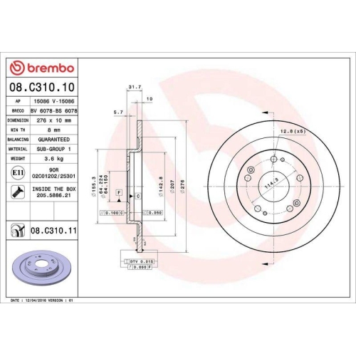 Set disc frana Honda Civic Ix (Fk) 02.12-12.16, Civic Ix Tourer (Fk) 01.14-12.16, Spate, 276X10mm, plin, BREMBO