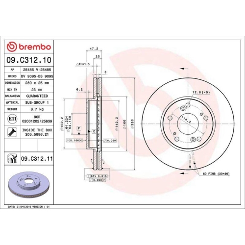 Set disc frana Honda Civic Ix (Fk) 02.12-12.16, Fata, 280X25mm, ventilat, BREMBO