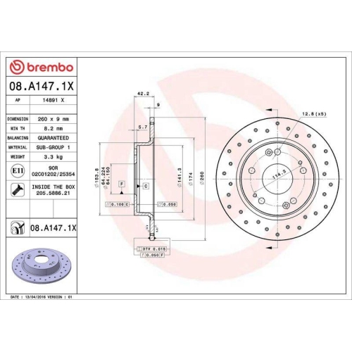 Set disc frana Honda Civic Ix Sedan (Fb) 09.11-12.16, Civic 8 Hatchback (Fn Fk) 09.05-12.12, Civic 8 Sedan (Fd Fa) 09.05-05.13, Spate, 260X9mm, plin, BREMBO