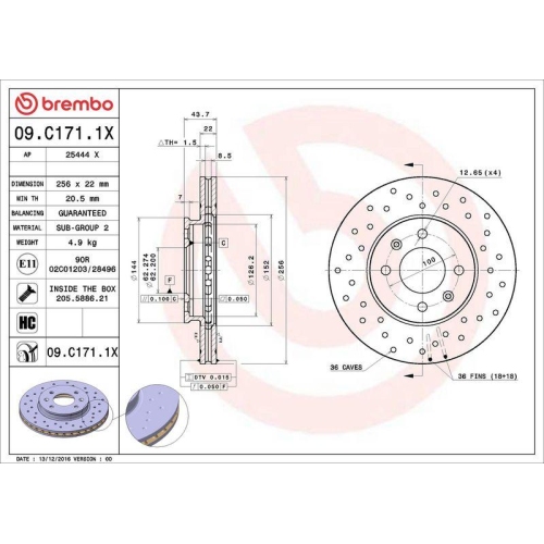 Set disc frana Hyundai Accent 4 Sedan (Rb) 08.10-, I20 2 (Gb Ib) 11.14-08.21; Kia Rio 3 (Ub) 09.11-12.17, Rio 3 Hatchback Van (Ub) 09.11-, Rio 3 Sedan (Ub) 09.10-12.17, Fata, 256X22mm, ventilat, BREMBO