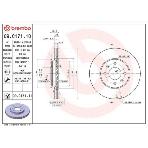 Set disc frana Hyundai Accent 4 Sedan (Rb) 08.10-, I20 2 (Gb Ib) 11.14-08.21; Kia Rio 3 (Ub) 09.11-12.17, Rio 3 Hatchback Van (Ub) 09.11-, Rio 3 Sedan (Ub) 09.10-12.17, Fata, 256X22mm, ventilat, BREMBO
