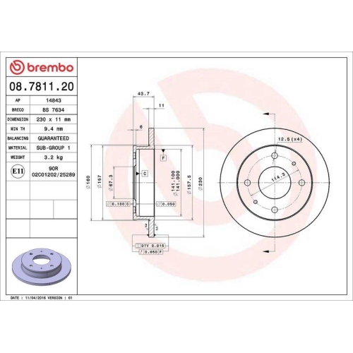 Set disc frana Hyundai Atos (Mx) 01.97-07.15, Fata, 230X11mm, plin, BREMBO