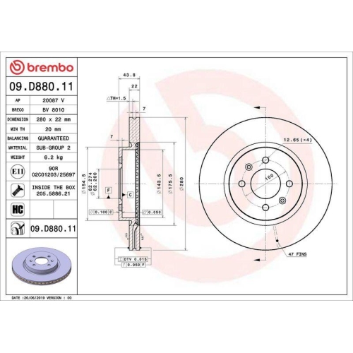 Set disc frana Hyundai Bayon (Bc3) 05.21-, I20 3 (Bc3 Bi3) 08.20-; Kia Rio 4 (Yb Sc Fb) 01.17-, Rio 4 Hatchback Van (Yb Sc Fb) 01.17-, Stonic (Yb) 07.17-, Stonic Hatchback Van (Yb) 07.17-, Fata, 280X22mm, ventilat, BREMBO