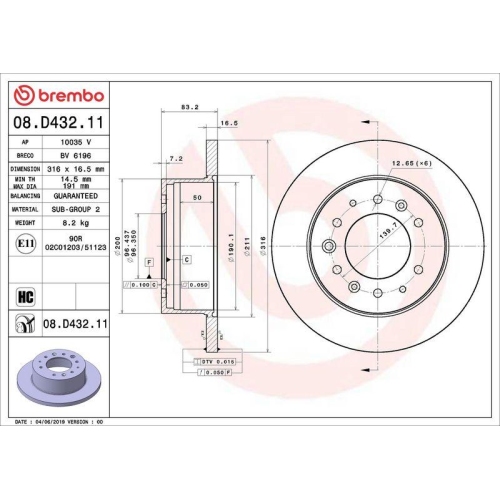 Set disc frana Hyundai H350 Autobus 04.15-, H350 Box 04.15-, H350 Platform / Chassis 04.15-, Spate, 316X16,5mm, plin, BREMBO