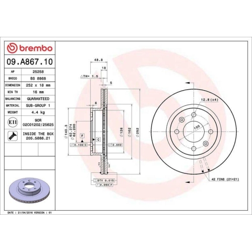 Set disc frana Hyundai I10 I (Pa) 10.07-05.18, I10 2 (Ba Ia) 08.13-12.21, I10 2 Sedan 12.13-, I10 3 (Ac3 Ai3) 09.19-; Kia Picanto I (Sa) 04.04-05.12, Picanto 2 (Ta) 05.11-05.17, Fata, 252X18mm, ventilat, BREMBO