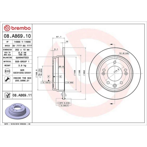 Set disc frana Hyundai I30 (Fd) 10.07-07.12, I30 Estate (Fd) 10.07-06.12, Ix35 (Lm El Elh) 08.09-10.16, Ix35 Van 08.09-12.15; Kia Ceed (Ed) 12.06-12.12, Pro Ceed (Ed) 02.08-02.13, Sportage 3 (Sl) 09.09-07.17, Spate, 262X10mm, plin, BREMBO