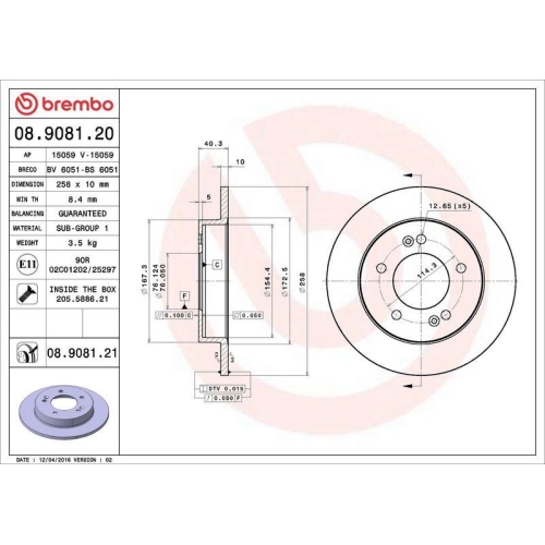 Set disc frana Hyundai Ix20 (Jc) 11.10-07.19; Kia Venga (Yn) 02.10-03.19, Spate, 258X10mm, plin, BREMBO