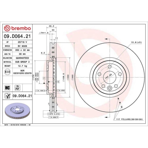 Set disc frana Jaguar F-Pace (X761) 09.15-, I-Pace (X590) 02.18-; Land Rover Range Rover Velar (L560) 03.17-, Fata, 350X32mm, ventilat, BREMBO