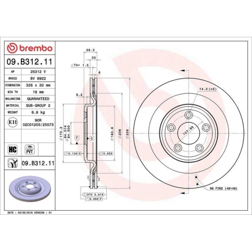 Set disc frana Jaguar S-Type 2 (X200) 10.98-12.08, Xf I (X250) 03.08-04.15, Xf Sportbrake (X250) 09.12-12.15, Xj (X350 X358) 03.03-03.09, Xj (X351) 10.09-, Xk 2 Convertible (X150) 03.06-07.14, Xk 2 Coupe (X150) 03.06-12.14, Spate, 326X20mm, ventilat, BREM