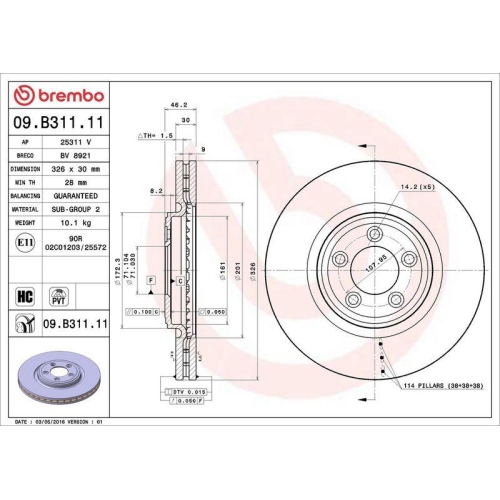 Set disc frana Jaguar S-Type 2 (X200) 10.98-12.08, Xf I (X250) 03.08-04.15, Xf Sportbrake (X250) 09.12-12.15, Xj (X350 X358) 03.03-03.09, Xk 2 Convertible (X150) 03.06-07.14, Xk 2 Coupe (X150) 03.06-12.14, Fata, 326X30mm, ventilat, BREMBO
