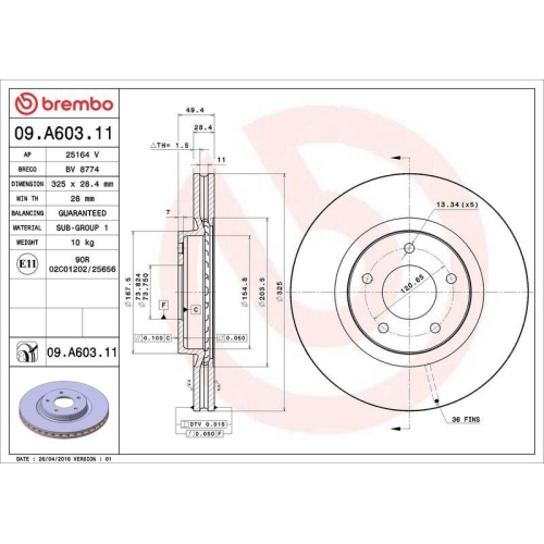 Set disc frana Jaguar Xj (X308) 09.96-06.03, Xk 8 Convertible (X100) 03.96-12.06, Xk 8 Coupe (X100) 03.96-12.06, Fata, 325X28,5mm, ventilat, BREMBO
