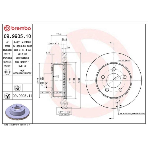 Set disc frana Jeep Cherokee (Xj) 09.83-09.01, Wrangler 2 (Tj) 08.96-12.08, Fata, 280X24,5mm, ventilat, BREMBO