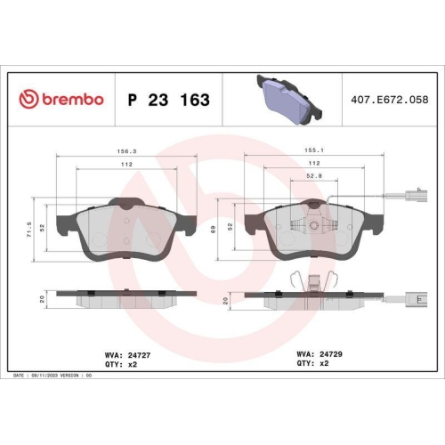 Placute frana Fiat Doblo Bus (263) 11.09-, Doblo Cargo (263) 02.10-, Doblo Platform / Chassis (263) 02.10-; Lancia Delta 3 (844) 08.08-08.14; Opel Combo Box (X12) 02.12-, Combo Tour (X12) 02.12-, Fata, BREMBO