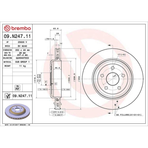 Set disc frana Jeep Grand Cherokee 4 (Wk Wk2) 06.10-, Grand Cherokee Van (Wk2) 06.10-, Spate, 350X28mm, ventilat, BREMBO