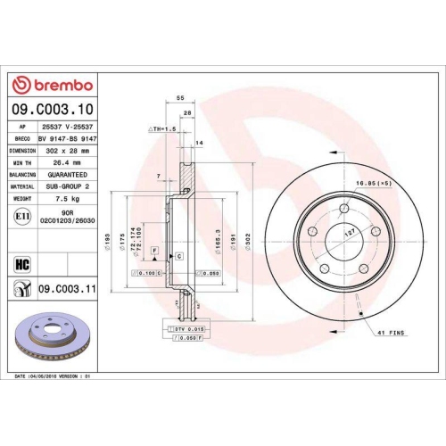 Set disc frana Jeep Wrangler 3 (Jk) 06.06-, Fata, 302X28mm, ventilat, BREMBO