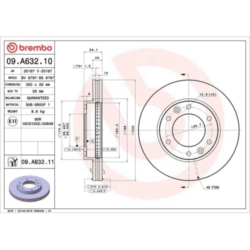 Set disc frana Kia Carnival / Grand Carnival 3 (Vq) 09.05-06.15, Fata, 300X28mm, ventilat, BREMBO