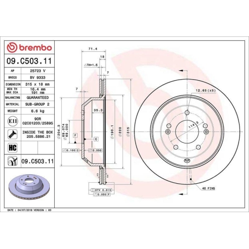 Set disc frana Kia Sorento 3 (Um) 01.15-02.23, Spate, 315X18mm, ventilat, BREMBO