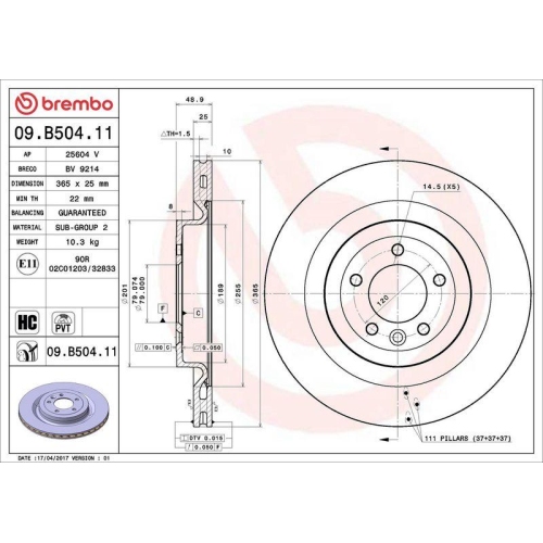 Set disc frana Land Rover Defender Estate (L663) 09.19-, Defender Van (L663) 02.20-, Discovery 5 (L462) 09.16-, Discovery 5 Van (L462) 09.16-, Range Rover 4 (L405) 08.12-, Range Rover Sport 2 (L494) 04.13-, Spate, 365X25mm, ventilat, BREMBO