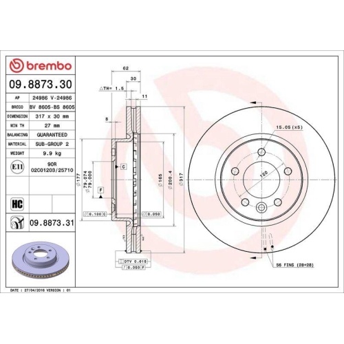 Set disc frana Land Rover Discovery 3 (L319) 07.04-09.09, Discovery 3 Van (L319) 01.07-07.09, Discovery 4 (L319) 09.09-12.18, Discovery 4 Van (L319) 09.09-12.17, Range Rover Sport I (L320) 02.05-03.13, Fata, 317X30mm, ventilat, BREMBO