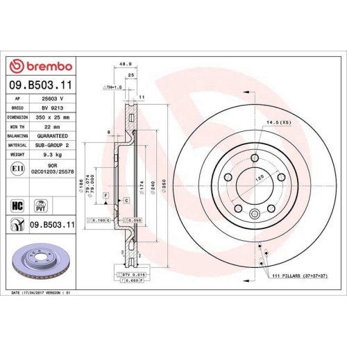 Set disc frana Land Rover Discovery 5 (L462) 09.16-, Discovery 5 Van (L462) 09.16-, Range Rover 4 (L405) 08.12-, Range Rover Sport 2 (L494) 04.13-, Spate, 350X25mm, ventilat, BREMBO