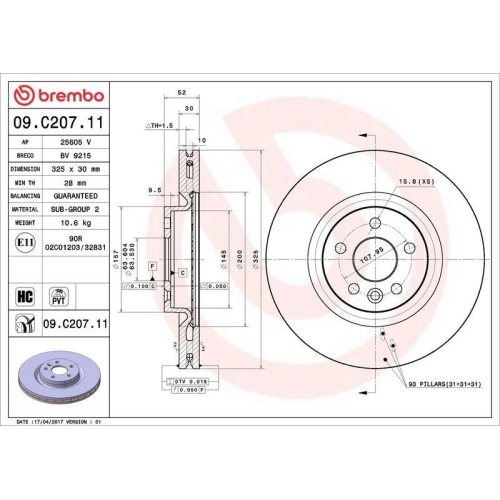 Set disc frana Land Rover Discovery Sport (L550) 09.14-, Discovery Sport Van (L550) 09.14-, Range Rover Evoque (L538) 06.11-12.19, Range Rover Evoque Cabriolet (L538) 11.15-12.19, Range Rover Evoque Van (L538) 06.11-12.19, Fata, 325X30mm, ventilat, BREMBO