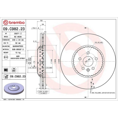 Set disc frana Land Rover Discovery Sport (L550) 09.14-, Discovery Sport Van (L550) 09.14-, Range Rover Evoque (L551) 12.18-, Range Rover Evoque Cabriolet (L538) 11.15-12.19, Fata, 349X34mm, ventilat, BREMBO