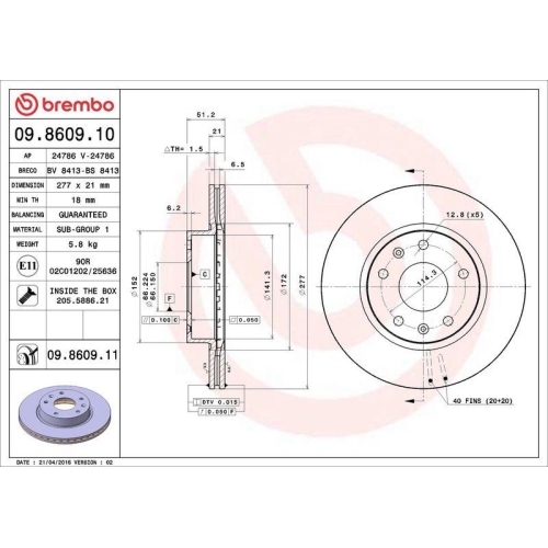 Set disc frana Land Rover Freelander I (L314) 02.98-10.06, Freelander I Soft Top (L314) 02.98-10.06, Fata, 277X21mm, ventilat, BREMBO