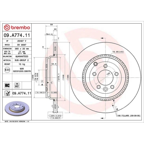 Set disc frana Land Rover Range Rover Sport I (L320) 02.05-03.13, Spate, 365X20mm, ventilat, BREMBO