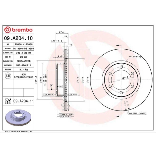 Set disc frana Lexus Gx ( J12) 11.01-11.09; Toyota 4 Runner 4 ( N21) 08.02-12.09, Land Cruiser Prado ( J12) 09.02-12.10, Fata, 338X28mm, ventilat, BREMBO