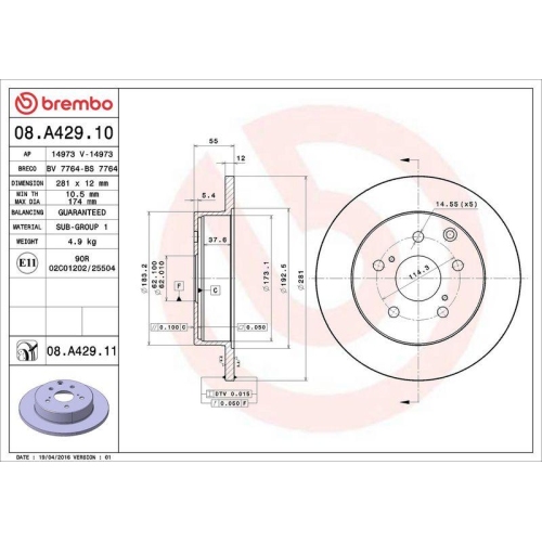 Set disc frana Lexus Hs (Anf10) 07.09-01.18; Toyota Rav 4 3 ( A3) 06.05-08.14, Rav 4 4 ( A4) 12.12-09.19, Rav 4 4 Van ( A4) 12.12-, Spate, 281X12mm, plin, BREMBO