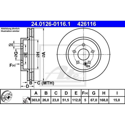 Disc frana Ate 24012601161, parte montare : punte fata