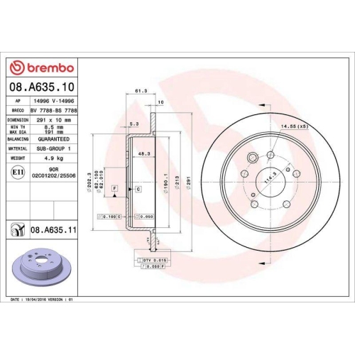 Set disc frana Lexus Is 2 ( E2) 08.05-04.13, Is 3 ( E3) 04.13-, Spate, 291X10mm, plin, BREMBO