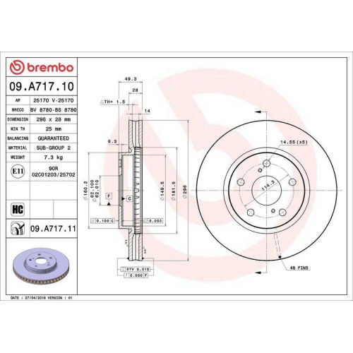 Set disc frana Lexus Is C (Gse2) 04.09-, Is 2 ( E2) 08.05-04.13, Is 3 ( E3) 04.13-, Fata, 296X28mm, ventilat, BREMBO