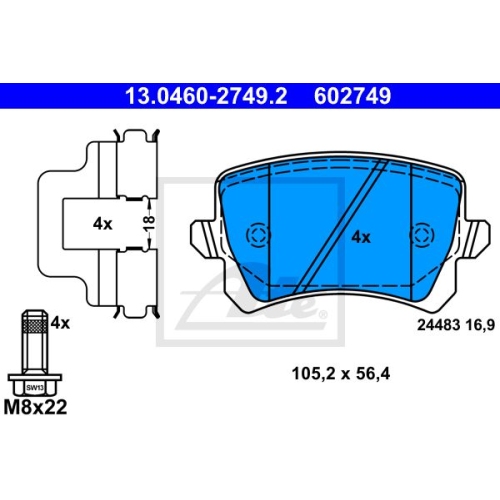 Set placute frana punte spate Audi Vw CC (358), 11.2011-12.2016, Passat Variant (B6), 08.2005-10.2011, Pasat B7, 2010-12.2015, Passat CC (357), 2008-01.2012, ATE 13.0460-2749.2