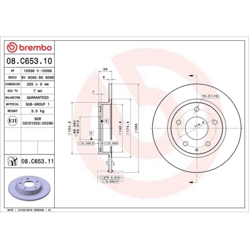 Set disc frana Mazda 3 (Bk) 10.03-12.09, 3 (Bm Bn) 07.13-, 3 Box / Liftback (Bm) 04.15-05.16, 3 Liftback (Bp) 11.18-, 3 Saloon (Bm Bn) 09.13-12.19, 3 Sedan (Bp) 11.18-, Cx-3 (Dk) 01.15-, Cx-30 (Dm) 04.19-, Spate, 265X9mm, plin, BREMBO