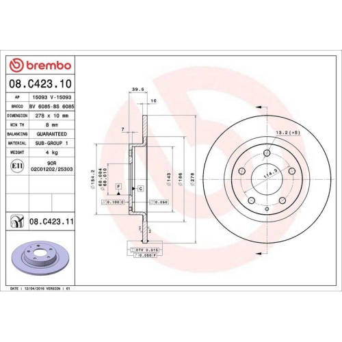 Set disc frana Mazda 6 Box / Estate (Gj) 01.13-05.16, 6 Estate (Gj Gl) 08.12-, 6 Sedan (Gj Gl) 12.12-, Spate, 278X10mm, plin, BREMBO