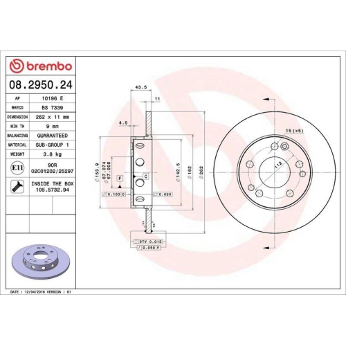 Set disc frana Mercedes 190 (W201) 10.82-08.93, Fata, 262X11mm, plin, BREMBO