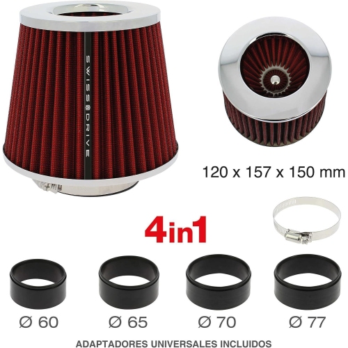Filtru aer universal, 120x157x150mm, cu 4 adaptori 60/65/70/75mm, rosu