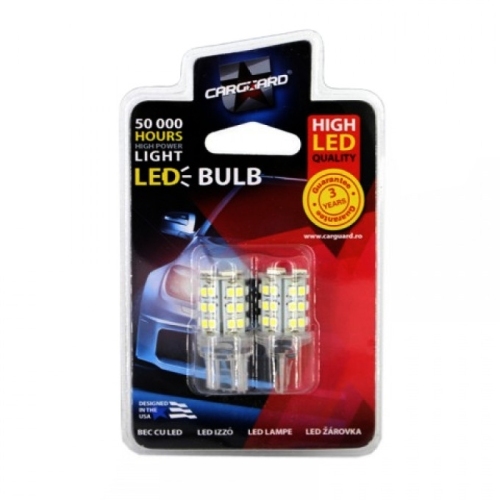 Bec auto LED Carguard 12V T20 W2.1x9.5d 45W alb , set becuri 2 buc