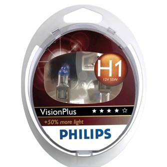 Set 2 becuri auto cu halogen pentru far Philips Vision Plus + 50% lumina H1 12V 55W P14.5S