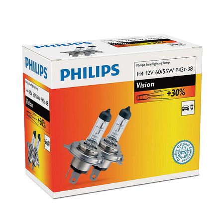 Bec auto cu halogen pentru far Philips Vision +30% H4 12V 60/55W P43t-38 , 2 buc.