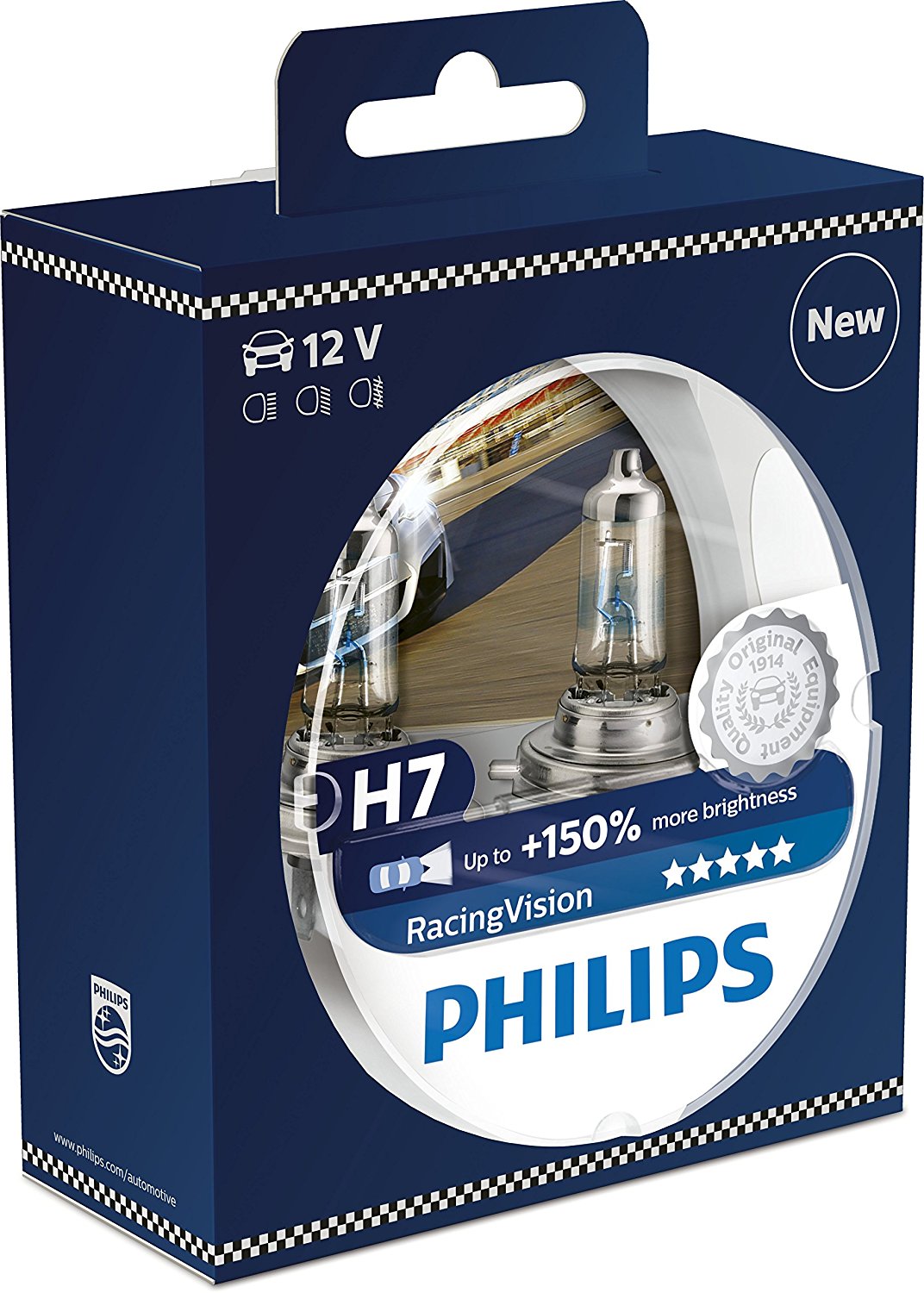 Set 2 becuri auto cu halogen pentru far Philips Racingvision +150% H7 12V 55W PX26D - Cele mai puternice becuri omologate