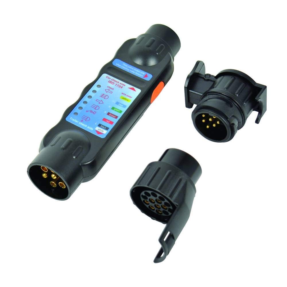 Tester cu led Carpoint pentru lumini remorca 12V cu 7 pini fisa si priza, cu 2 adaptori pentru fisa de 13 pini